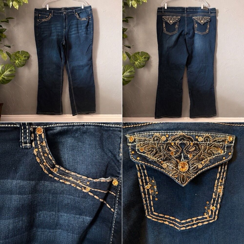 Earl Jeans 24W Boot Cut Jeans Dark Wash Embellished Rhinestone Western Y2K